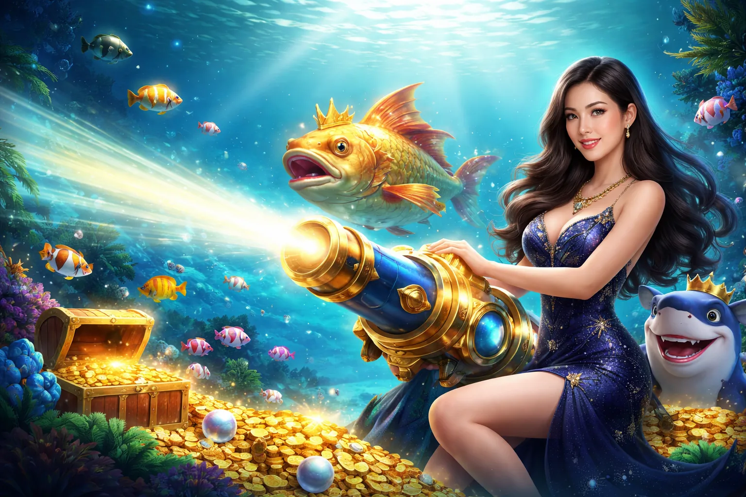 Hình ảnh chính trò chơi bắn cá jb88 cổng game, đại dương xanh thẳm với những loài cá rực rỡ và người chơi đang săn bắn